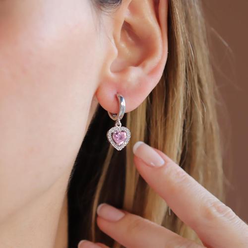Kalp Pndr Pembe Zirkon Taşlı Gümüş Küpe