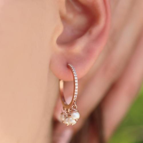 Sıra Zirkon Taşlı Rose Gold Kaplama Gümüş İnci Halka Küpe