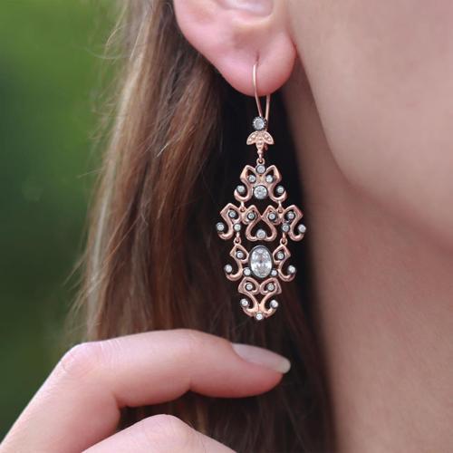 Dantel Desen Zirkon Taşlı Rose Gold Kaplama Gümüş Küpe
