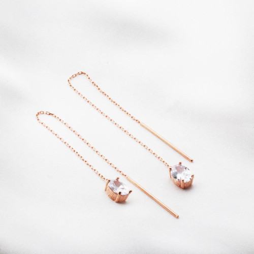 Oval Zirkon Taşlı Rose Gold Kaplama Gümüş Zincir Küpe
