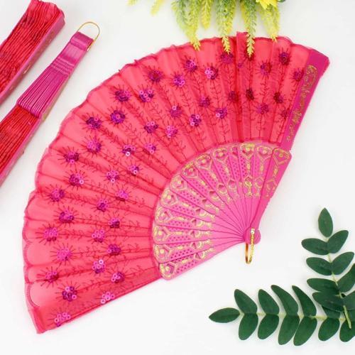 Büro Ev Hediyesi için 12 Farklı Plastik Fuşya Pullu Kumaş Yelpaze Seti