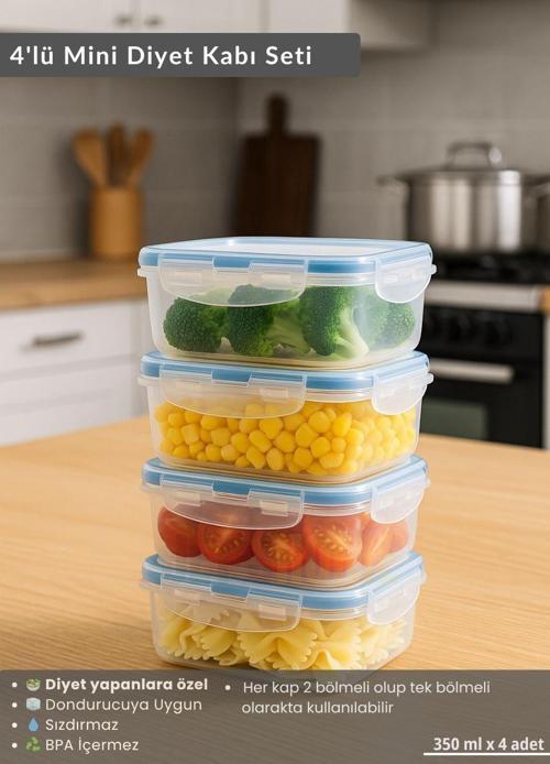 4'lü Mini Diyet Kabı Seti BPA Free Hava Almaz Saklama Kabı Çıkarılabilir Bölmeli Gıda Kutusu 350 ml