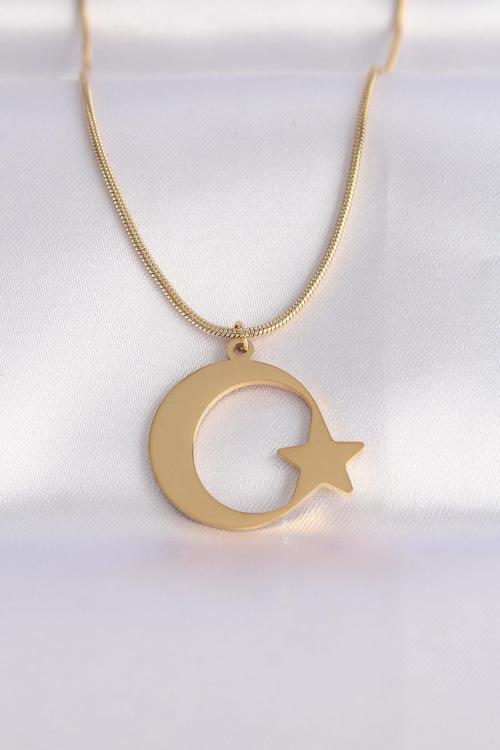 Çelik Zincir Gold Renk Ay Yıldız Unisex Kolye