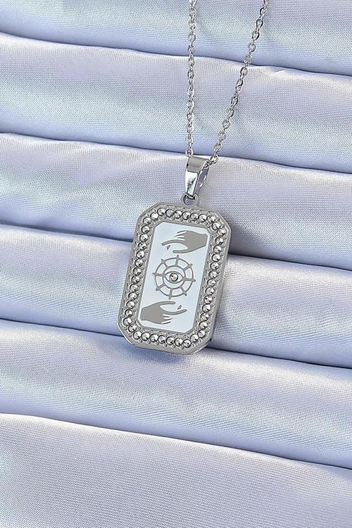 Çelik Zincir Gümüş Renk Mineli Zirkon Taşlı Göz Figür Tarot Kolye