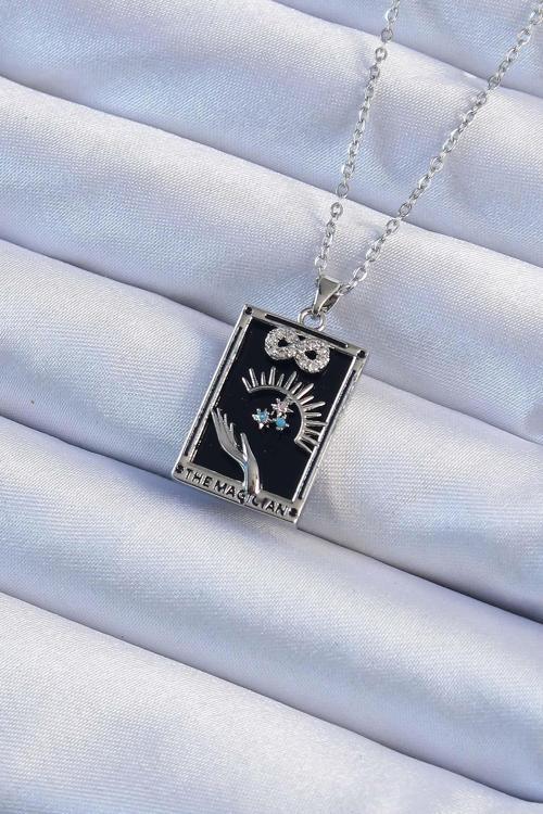 Çelik Zincir Gümüş Renk Zirkon Taşlı Sonsuzluk Figürlü Tarot Kolye