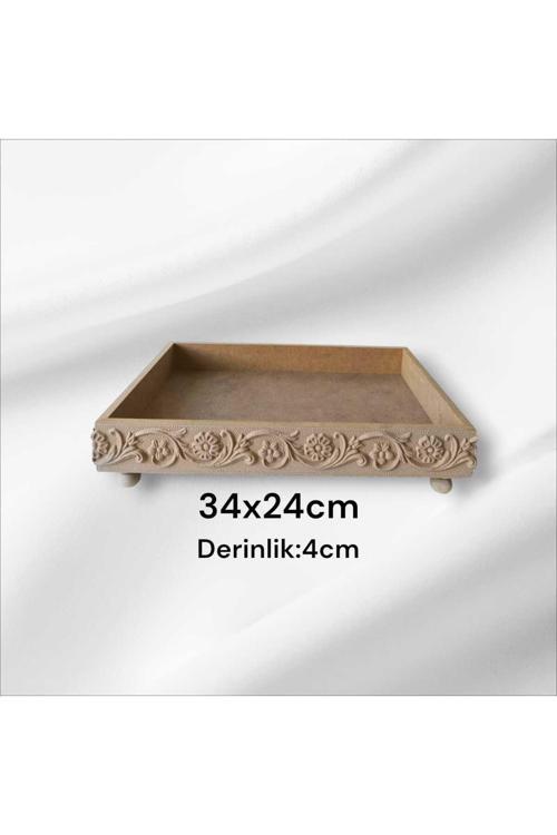 Ahşap Boyanabilir Çiçek Desenli Ayaklı-Dekoratif Dikdörtgen Sunumluk Tepsi
