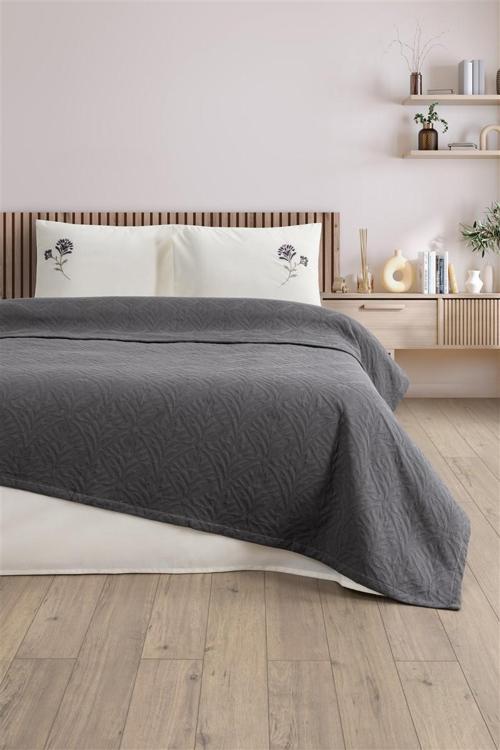 Çift Kişilik Nakışlı Jakarlı Pike-Yatak Örtüsü Takımı-Daniela-Antrasit