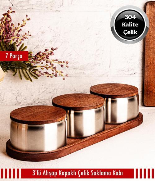 Ahşap Kapak Çelik Çerezlik 7 Parça Sızdırmaz Saklama Kabı 12cm