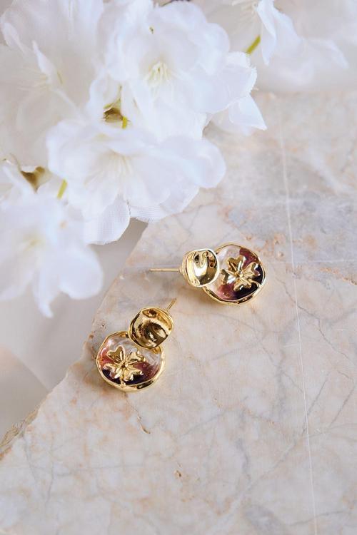 Sallantılı Viola Gold Mor Pembe Beyaz Sedefli Damla Küpe