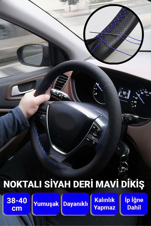 Noktalı Siyah Deri Mavi Dikiş Direksiyon Kılıfı