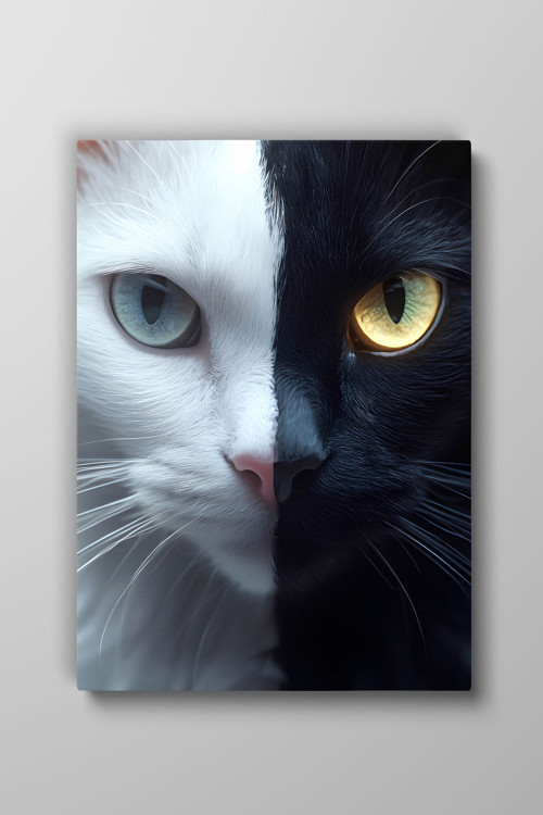 Kedi Siyah-Beyaz Hayvan Temalı Dekoratif Kanvas Tablo, Duvar Dekoru H0024