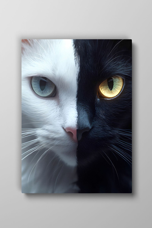 Kedi Siyah-Beyaz Hayvan Temalı Dekoratif Kanvas Tablo, Duvar Dekoru H0024
