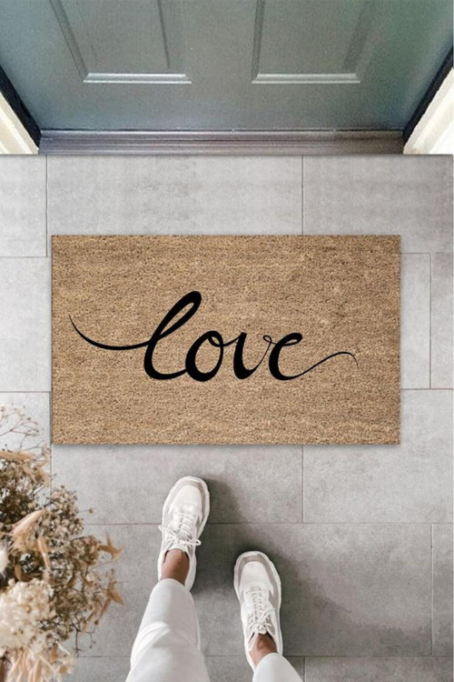 Bej Kapı Önü Paspası Büyük Yazılı Love Desen K-3316