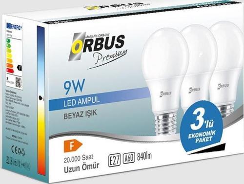 Orb-9W3 9W E27 840 Lm,6500K Beyaz Işık Ra80 220-240-50Hz Ampül (3 Lü Paket)