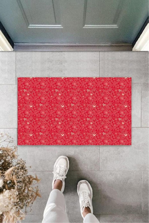 Kırmızı Kapı Önü Paspası Çoklu Kalpler Desen K-3220