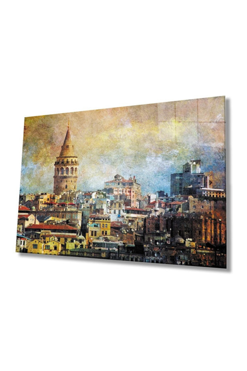 Sulu Boya İstanbul Galata Kulesi Cam Tablo, Ev Ve Ofis Duvar Dekoru Hediyelik, 4Mm Dayanıklı Cam