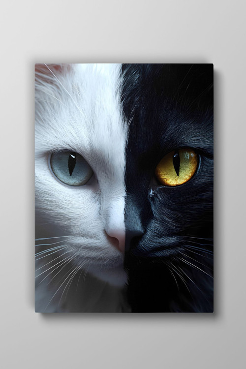 Kedi Siyah-Beyaz Hayvan Temalı Dekoratif Kanvas Tablo, Duvar Dekoru H0023
