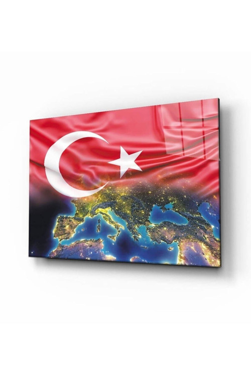 Türk Bayrağı Ve Dünya Cam Tablo 4Mm Dayanıklı Temperli