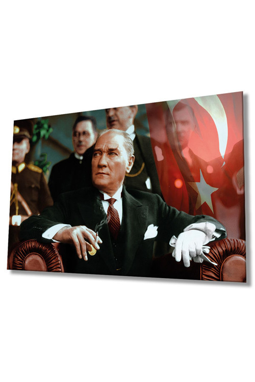 Atatürk Ve Türk Bayrağı Cam Tablo, Ev Ofis Duvar Dekoru, Hediyelik Büyük Tablo Dekor
