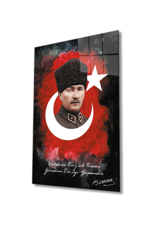 Vatanını En Çok Seven Görevini En İyi Yapandır Atatürk Türk Bayrağı Cam Tablo, Ev Ofis Duvar Dekoru