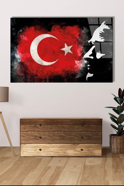 Atatürk Silüetli Türk Bayrağı Cam Tablo Ev Ofis Salon Hediyelik Büyük Boy
