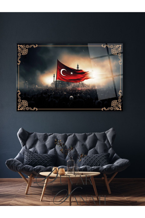 Dalgalanan Türk Bayrağı Ve Cami Cam Tablo , Modern Ev Ofis Salon Duvar Dekoru Büyük Tablo ,Hediyelik