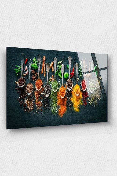 Kaşık Baharatlar Cam Tablo, Restoran Tablo, Mutfak Tablo,Duvar Dekor, Büyük Tablo, Cam Duvar Tablo