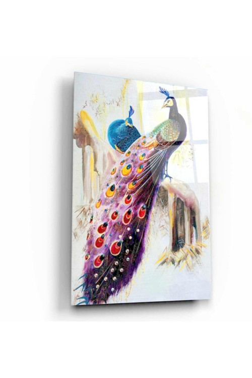 Tavus Kuşu Temalı Modern Uv Dijital Baskı Dekoratif Cam Tablo 50X70 Cm
