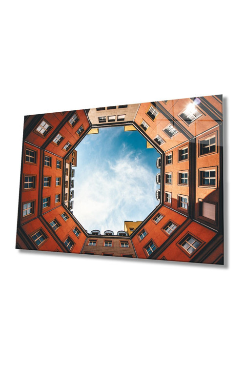Geometrik Şekilli Turuncu Bina Cam Tablo, Ev Ve Ofis Duvar Dekoru Hediyelik, Temperli Dayanıklı Cam