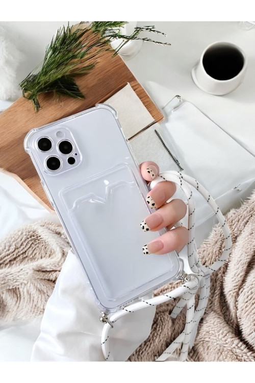 Apple İphone 14 Pro Askılı Kartlıklı Antişok Kılıf Beyaz
