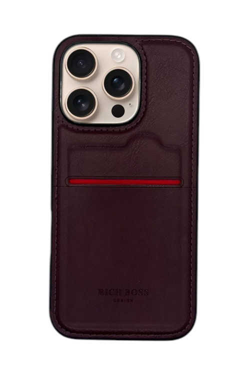 Apple İphone 16 Pro Max Kartlıklı Rich Boss Lüx Deri Kılıf Koyu Kırmızı