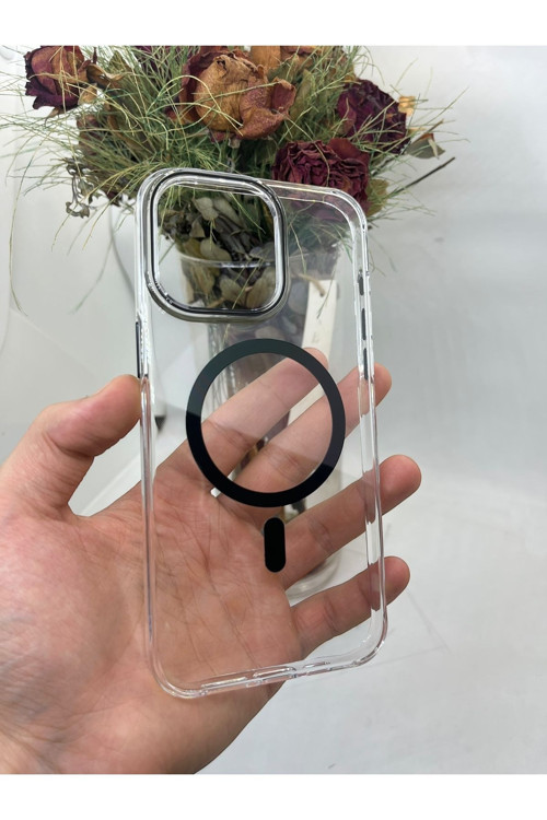 İphone 14-13 Şeffaf Mika Siyah Magsafe Kılıf