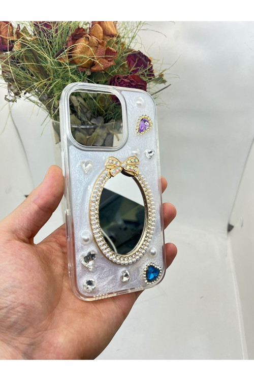 İphone 15 Golden Tasarım Aynalı Taşlı Kılıf