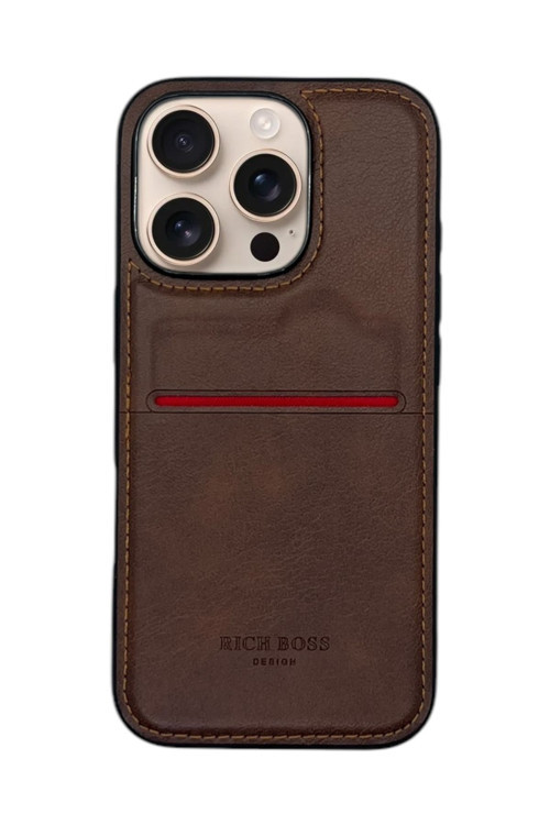 Apple İphone 16 Pro Max Kartlıklı Rich Boss Lüx Deri Kılıf Koyu Kahverengi