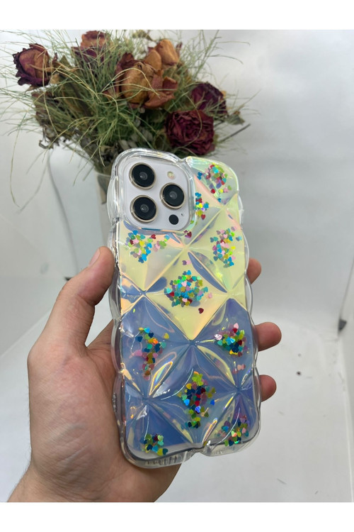 İphone 15 Hologram Puffer Kılıf Renkli Kalpler