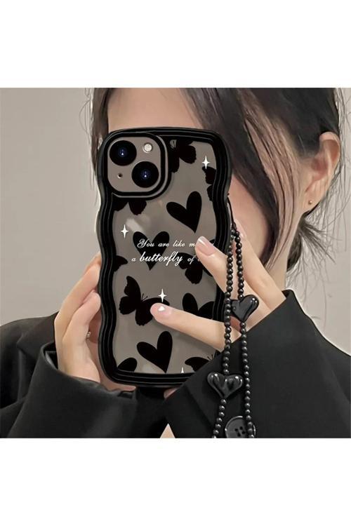 İphone 15 Pro Max Kelebek Ve Kalp Desenli Kalpli Askılı Puffer Kılıf
