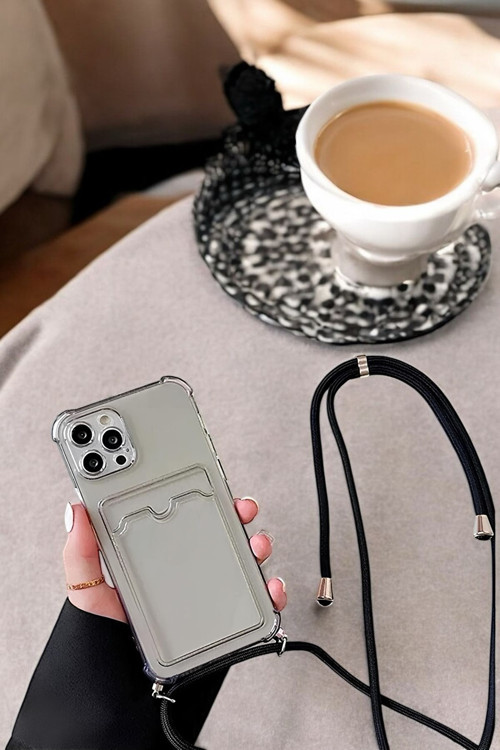 Apple İphone 14 Pro Askılı Kartlıklı Antişok Kılıf Siyah