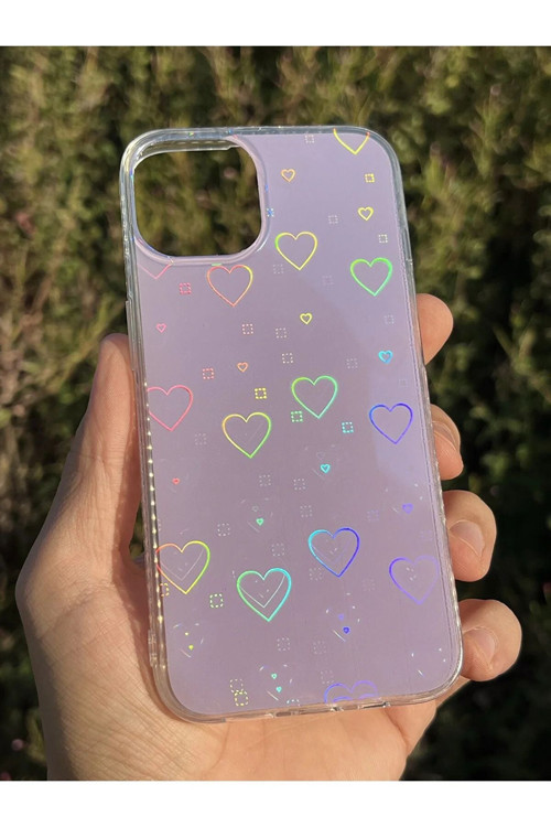 İphone 11 Uyumlu Hologramlı Kalp Desenli Lila Kılıf