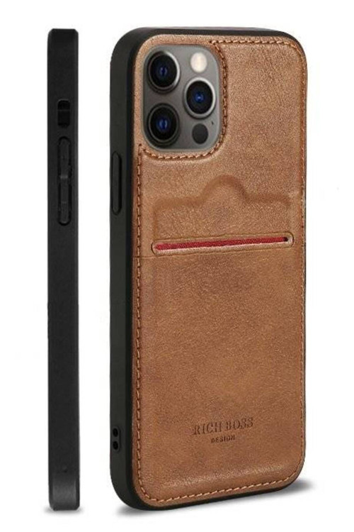 Apple Iphone 12 Pro Kartlıklı Rich Boss Lüx Deri Kılıf Açık Kahve