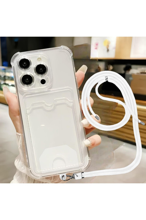Apple İphone 12 Pro Kartlıklı Askı+Aparatlı Antişok Kılıf Beyaz