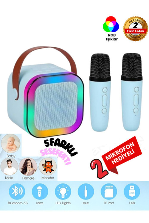 Çift Karaoke Mikrofonlu Kablosuz Bluetooth Hoparlör 5 Ses Efektli Rgb Hd Stereo Ses Usb/Sd/Fm