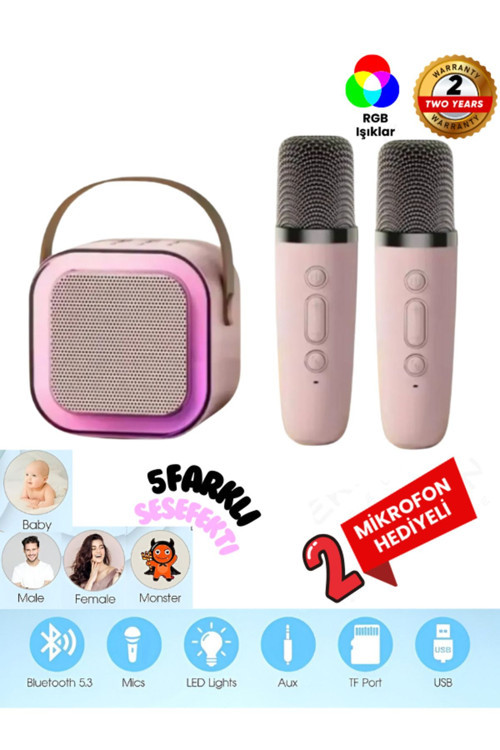 Çift Karaoke Mikrofonlu Kablosuz Bluetooth Hoparlör 5 Ses Efektli Rgb Hd Stereo Ses Usb/Sd/Fm