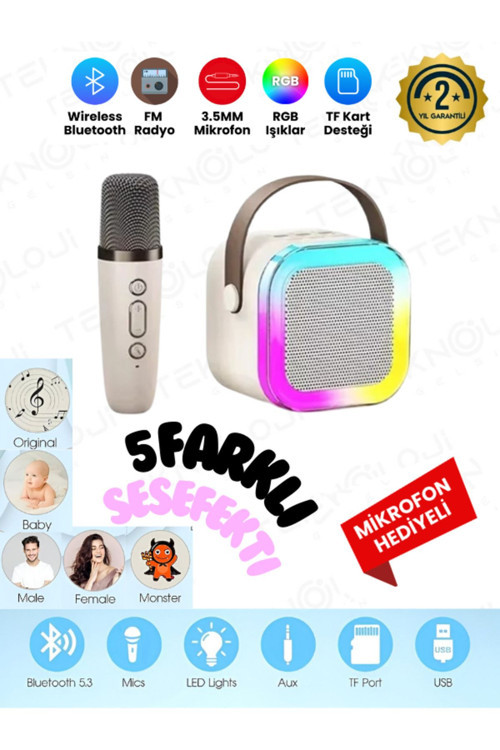 K12 Kablosuz Bluetooth Hoparlör Karaoke Mikrofon 5 Ses Efektli Rgb Hd Stereo ?Es Usb/Sd/Fm