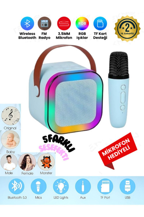K12 Kablosuz Bluetooth Hoparlör Karaoke Mikrofon 5 Ses Efektli Rgb Hd Stereo Ses Usb/Sd/Fm