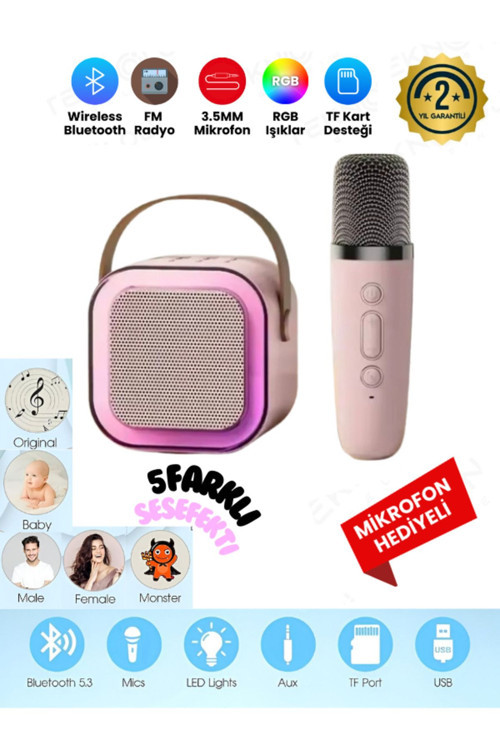 K12 Kablosuz Bluetooth Hoparlör Pembe Karaoke Mikrofon 5 Ses Efektli Rgb Hd Stereo Ses Usb/Sd/Fm