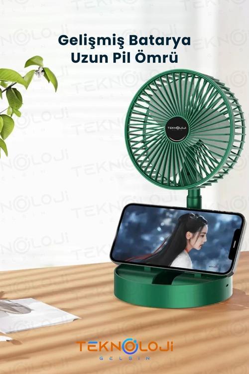 Masaüstü Fan Vantilatör Teleskopik Şarjlı Katlanabilir Taşınabilir Standlı 3 Kademe Yeşil Soğutucu
