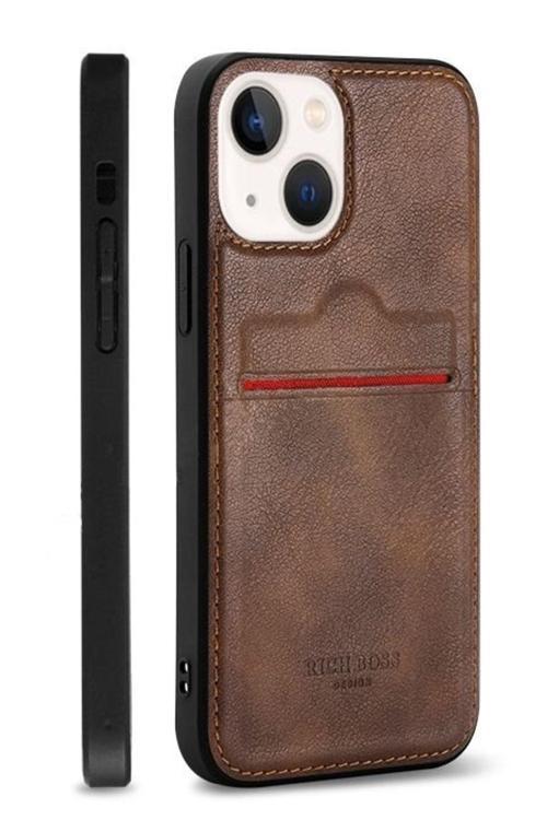 Iphone 14 Uyumlu Kartlıklı Lüx Deri Kılıf Koyu Kahverengi