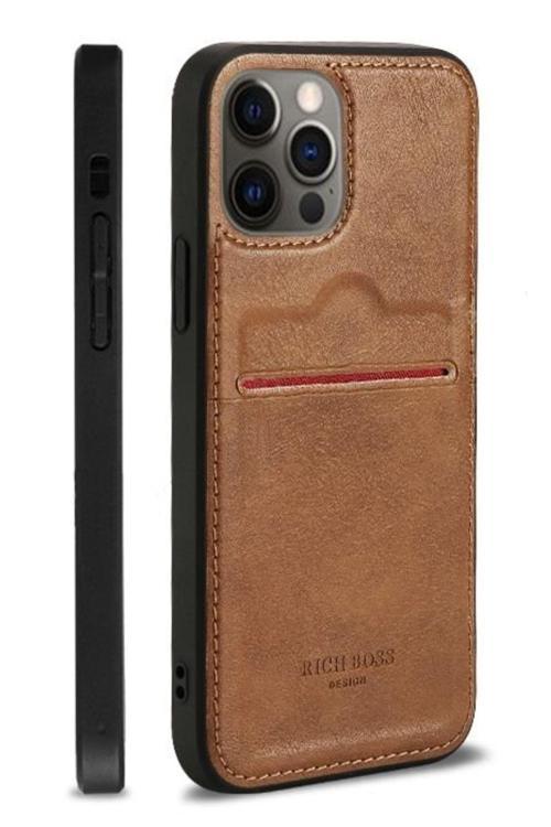 Iphone 12 Pro Max Kartlıklı Rich Boss Lüx Deri Kılıf Açık Kahve Uyumlu