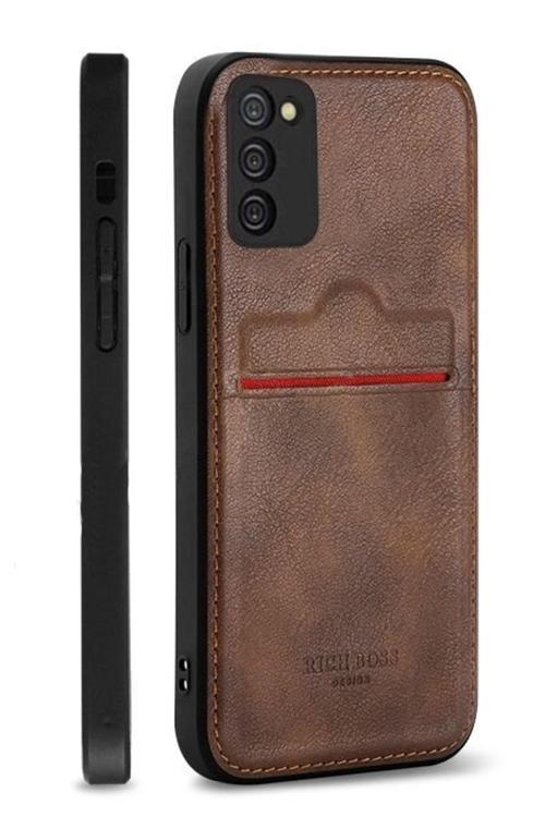 Galaxy A32 Uyumlu  Kartlıklı Rich Boss Lüx Deri Kılıf Koyu Kahverengi