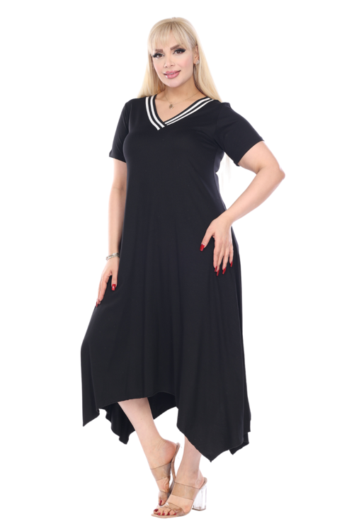 Butik Siyah V Yaka Yakası Şeritli Asimetrik Kısa Kollu Elbise